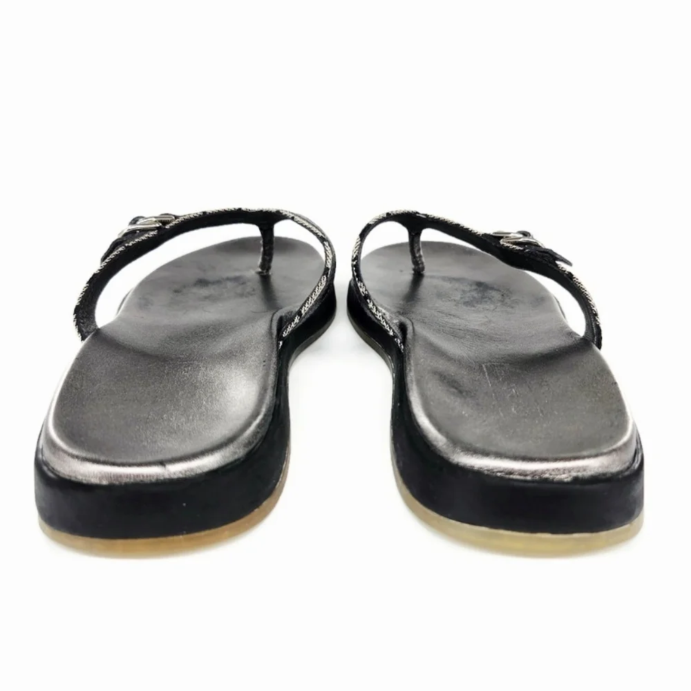Coach Lindsey Black & White Jacquard Gunmetal Silver Leather Flip-Flop Sandals